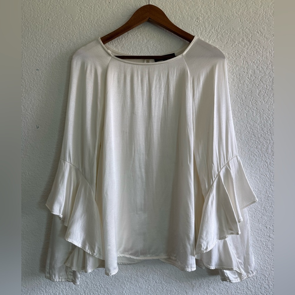 Elegant White Satin Flare Sleeve Blouse
